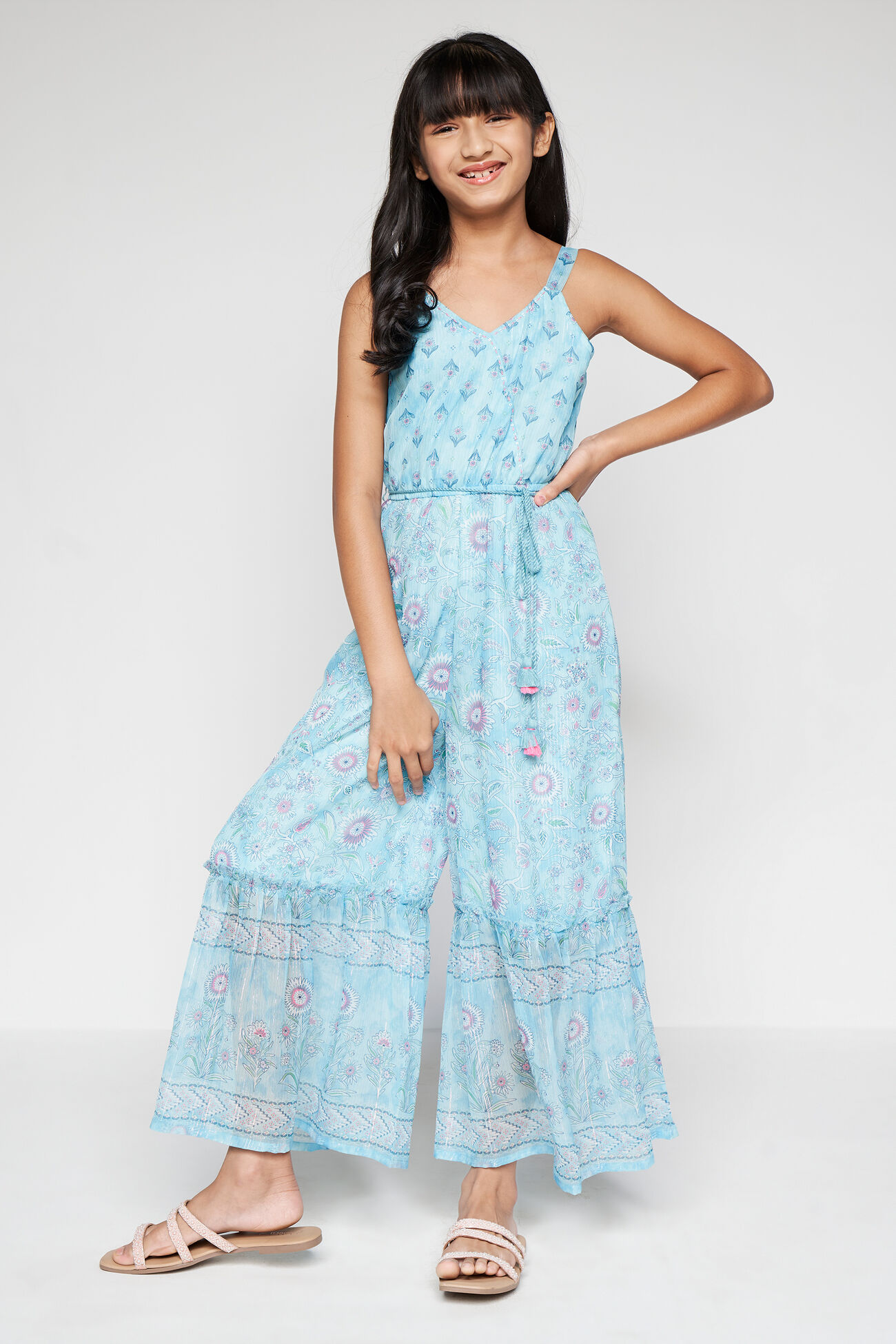 Aqua Floral Tassel Fit And Flare Jumpsuit, Aqua, image 3